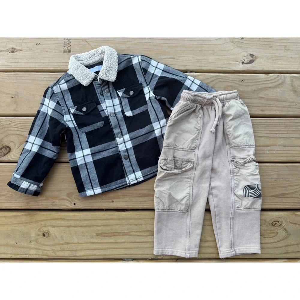 Zara Kids Toddler Boys Plaid Flannel Jacket Cargo Skater Pants 2-4Y
